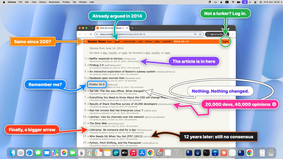 Big arrow — big-arrow — Demo/output image published by the author (repo README): A real macOS desktop, Hacker News of 2014-06-10 in Chrome, nine bigarrow arrows in nine colours from every side: same since 2007, already ar