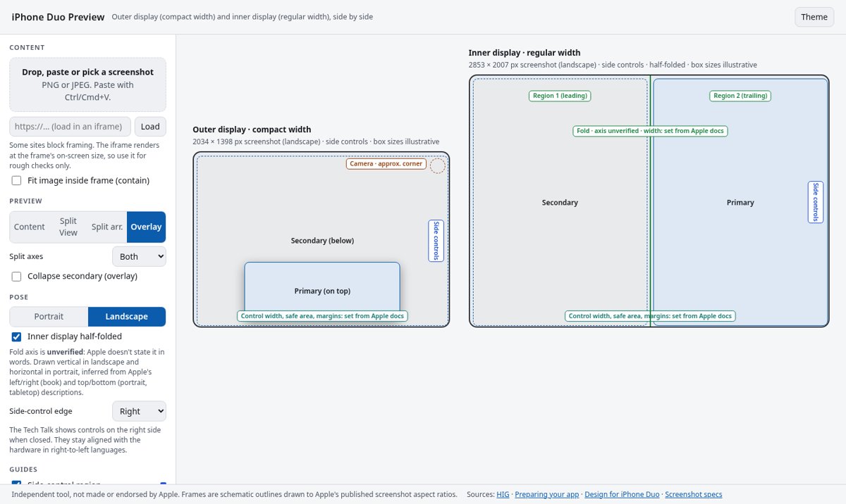 iPhone Duo design toolkit — iphone-duo-design — Demo/output image published by the author (repo README): Preview tool, landscape, half-folded, overlay arrangement