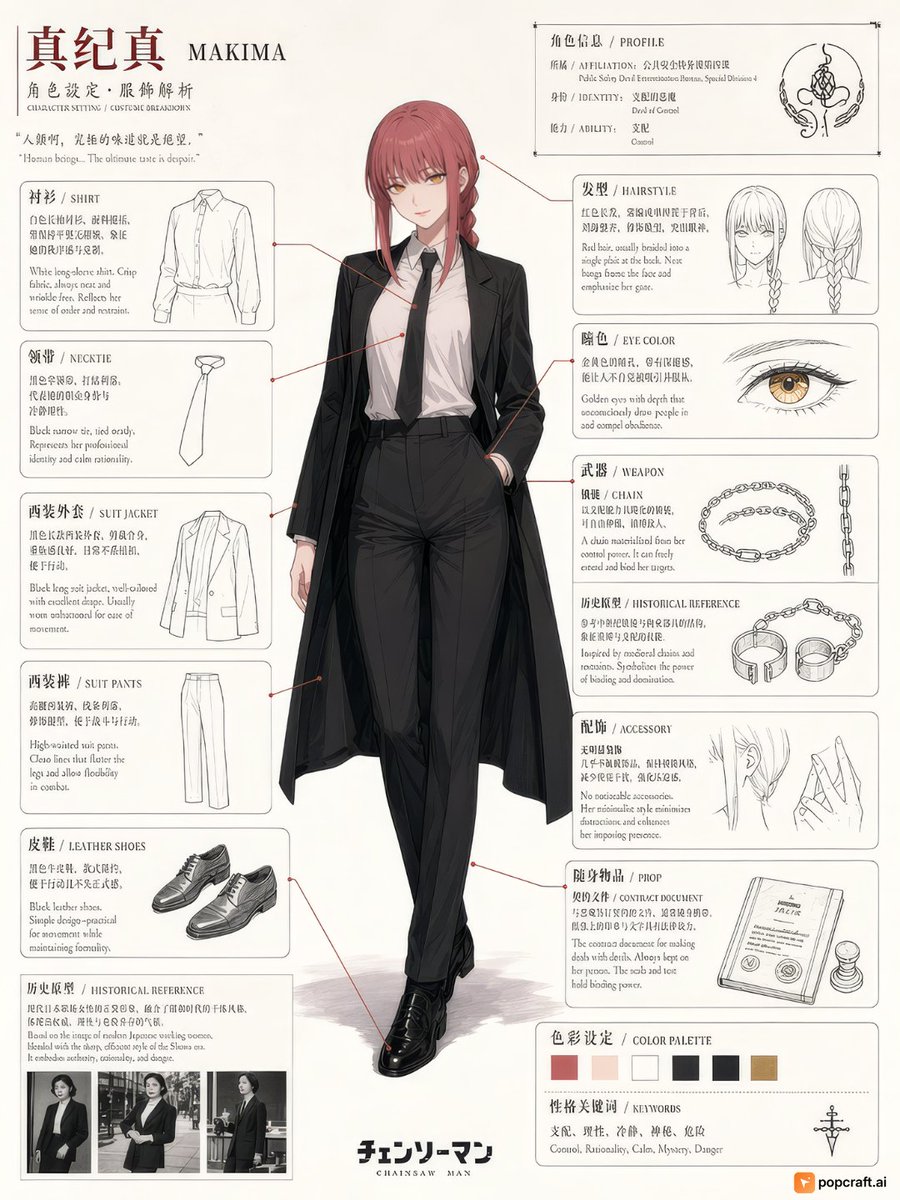 Infographic / Edu Visual - Chainsaw Man Makima Character Design Sheet — sample posted by Popcraft AI