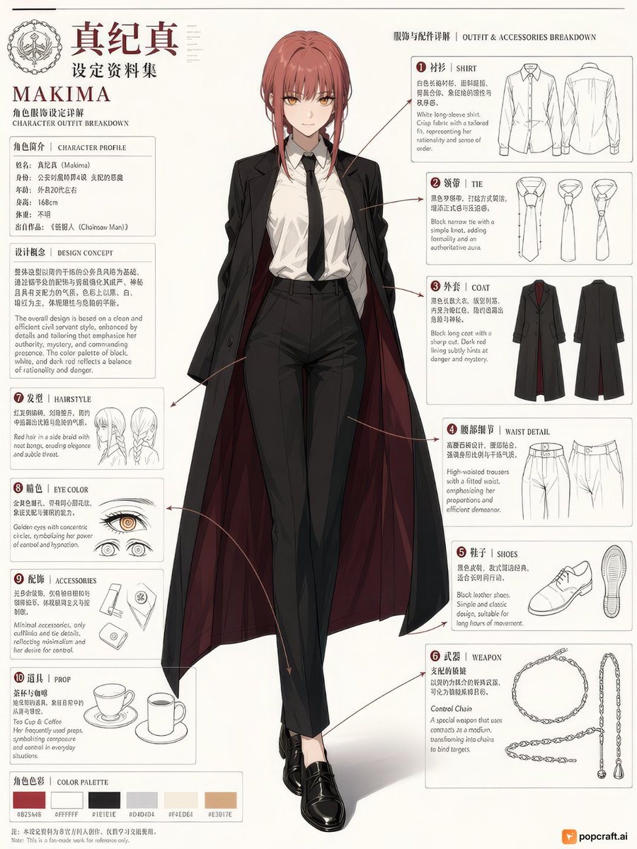 Infographic / Edu Visual - Chainsaw Man Makima Character Design Sheet — sample posted by Popcraft AI