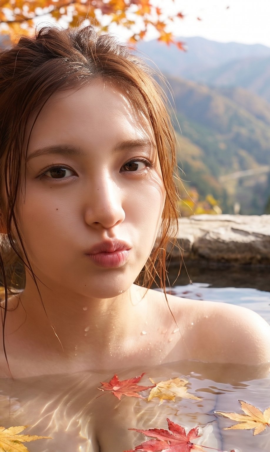 Social Media Post - Japanese Woman in Onsen with Autumn Maple View — sample posted by Saki H. 咲希