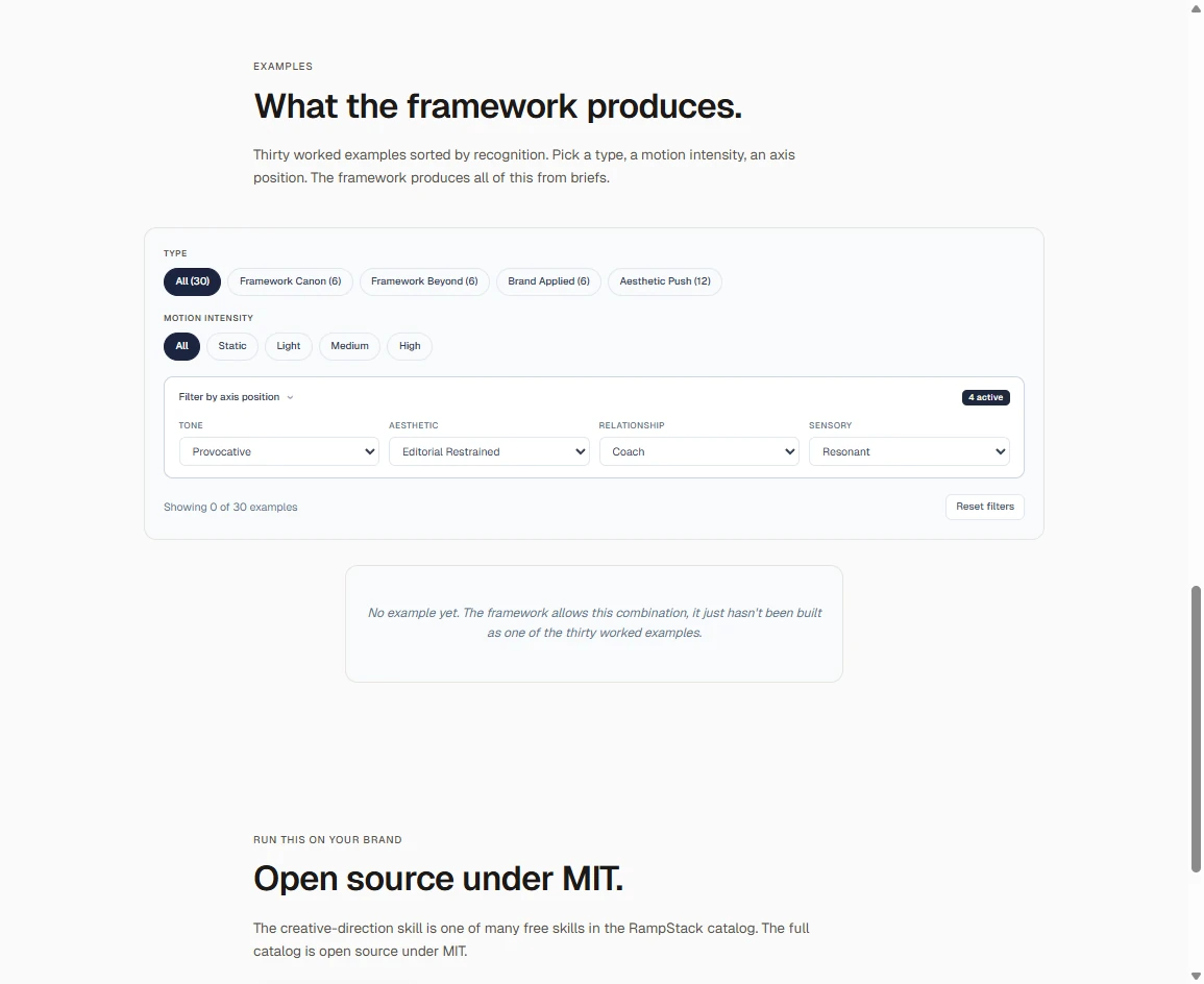 Cost optimization — Showcase grid with all four axis filters set to Provocative, Editorial Restrained, Coach, and Resonant, showing zero… (from the rampstackco/claude-skills README)