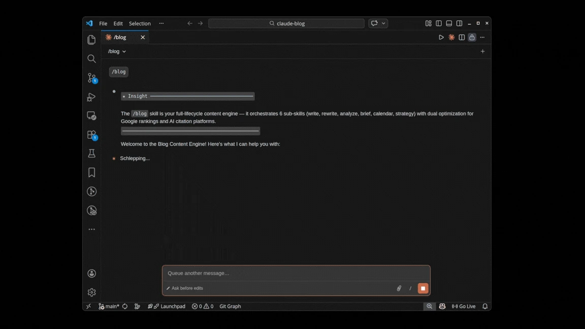 Blog researcher — claude-blog command demo: routing /blog subcommands through the orchestrator (from the AgriciDaniel/claude-blog README)
