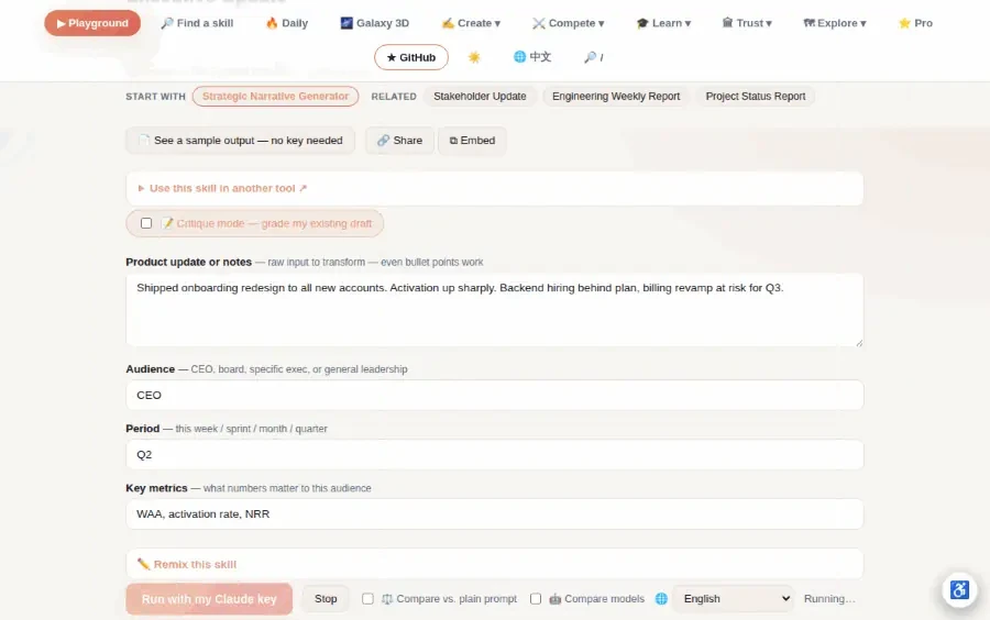 Pricing Strategy Skill — The Skill Playground: pick the Executive Update skill, fill in a few notes, hit run, and watch a structured executive… (from the mohitagw15856/pm-claude-skills README)